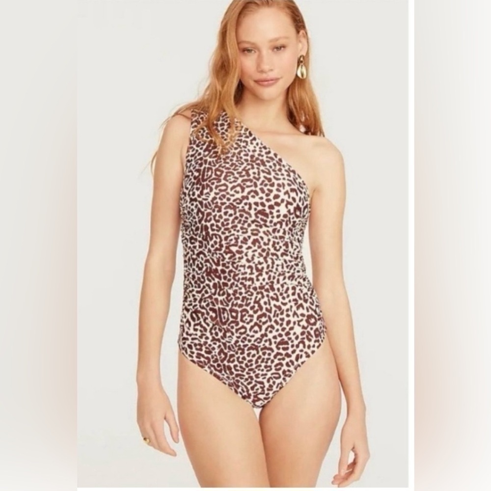 NWT J.CREW One Shoulder Ruched One Piece Swimsuit Leopard Brown Size 2 Shaping